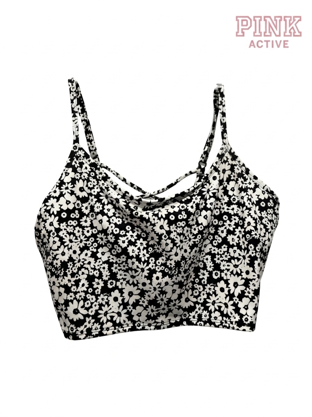 PINK Victoria's Secret Black and White Floral Strappy Crop Tank LARGE .